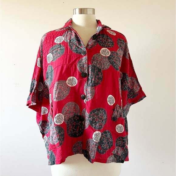 Pure Fit Mona Lisa OS Boxy Lagenlook Kimono Shirt Red 100% Cotton Japanese Geo - Picture 1 of 6